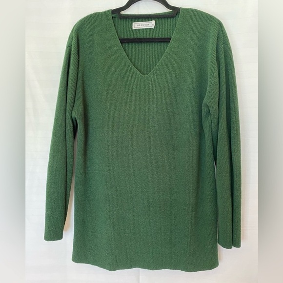 Forest Green V Neck Rib Knit Sweater Cozycore Longer Length Medium Jewel Tone - Picture 3 of 16